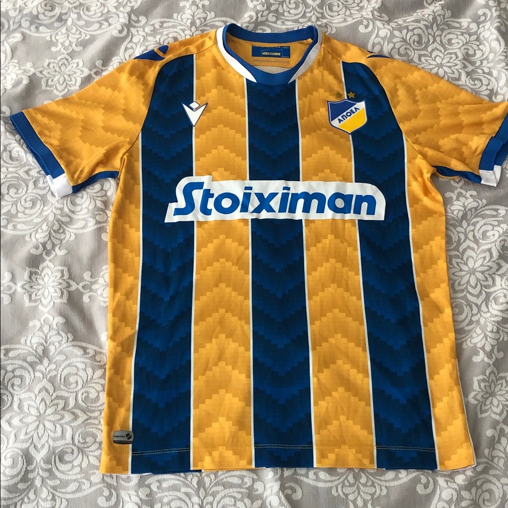 MACARON Soccer Jersey with Blue and Yellow Brush Stripes APOEL